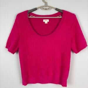 Maeve Anthropologie Rona Eyelash Sweater Tee Hot Pink Fuzzy scoop XL stretchy